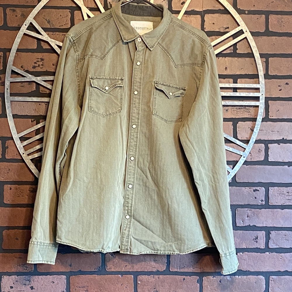 Men's Aeropostale Vintage Worker Canvas Button Down Shirt Olive Green Size XL